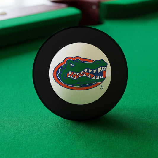 Official Florida-Gators-Pool-8-Ball Collegiate 8-Ball Lined Up on Green Felt Pool Table Surface with Billiard Ball Rack