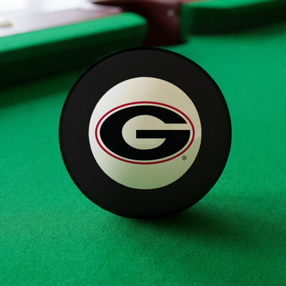Official Georgia-Bulldogs-Pool-8-Ball Collegiate 8-Ball Lined Up on Green Felt Pool Table Surface with Billiard Ball Rack