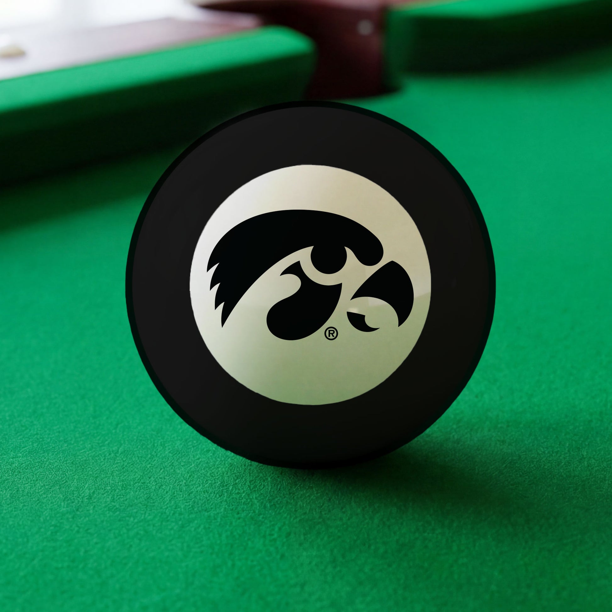 Official Iowa-Hawkeyes-Pool-8-Ball Collegiate 8-Ball Lined Up on Green Felt Pool Table Surface with Billiard Ball Rack