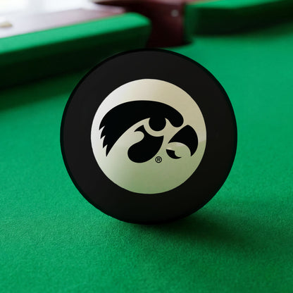 Official Iowa-Hawkeyes-Pool-8-Ball Collegiate 8-Ball Lined Up on Green Felt Pool Table Surface with Billiard Ball Rack