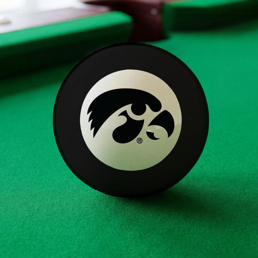 Official Iowa-Hawkeyes-Pool-8-Ball Collegiate 8-Ball Lined Up on Green Felt Pool Table Surface with Billiard Ball Rack