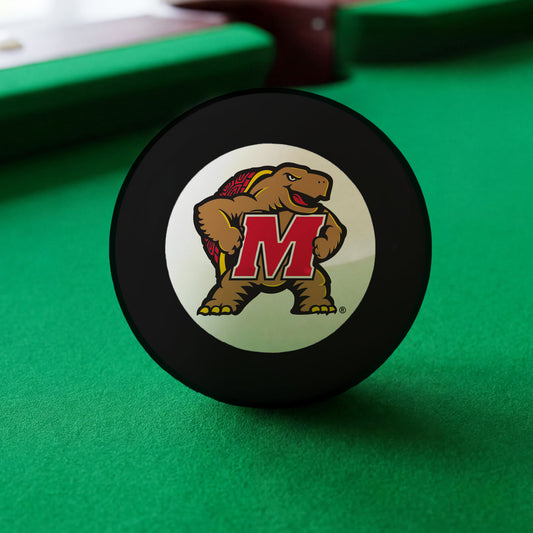Official Maryland-Terrapins-Pool-8-Ball Collegiate 8-Ball Lined Up on Green Felt Pool Table Surface with Billiard Ball Rack