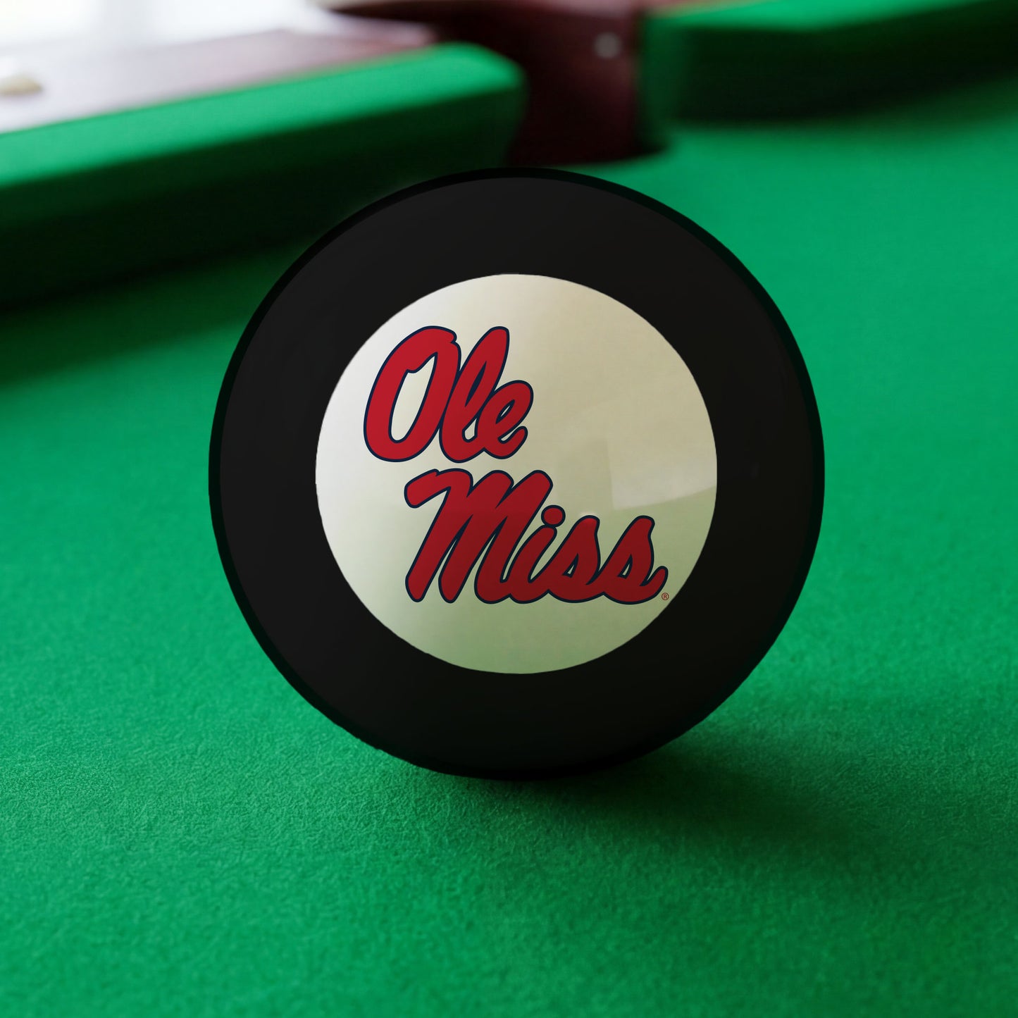 Official Mississippi-Rebels-Pool-8-Ball Collegiate 8-Ball Lined Up on Green Felt Pool Table Surface with Billiard Ball Rack