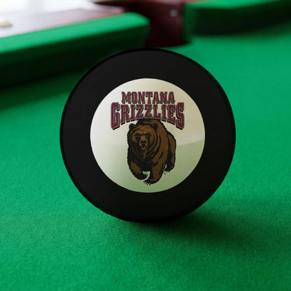 Official Montana-Grizzlies-Pool-8-Ball Collegiate 8-Ball Lined Up on Green Felt Pool Table Surface with Billiard Ball Rack