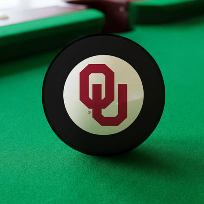 Official Oklahoma-Sooners-Pool-8-Ball Collegiate 8-Ball Lined Up on Green Felt Pool Table Surface with Billiard Ball Rack