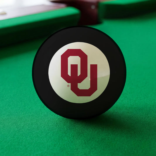 Official Oklahoma-Sooners-Pool-8-Ball Collegiate 8-Ball Lined Up on Green Felt Pool Table Surface with Billiard Ball Rack