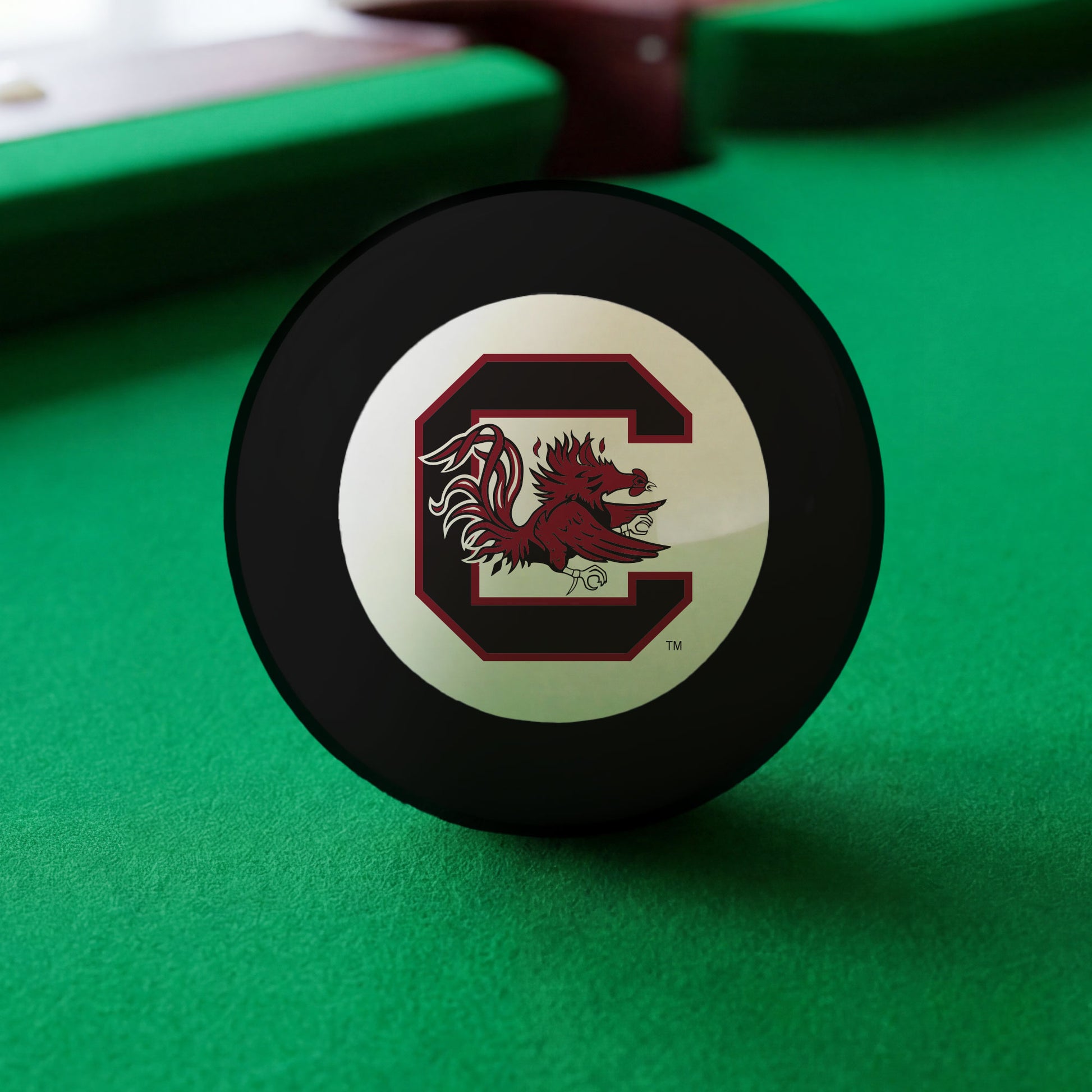Official South-Carolina-Gamecocks-Pool-8-Ball Collegiate 8-Ball Lined Up on Green Felt Pool Table Surface with Billiard Ball Rack