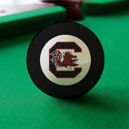 Official South-Carolina-Gamecocks-Pool-8-Ball Collegiate 8-Ball Lined Up on Green Felt Pool Table Surface with Billiard Ball Rack