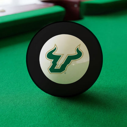 Official South-Florida-Bulls-Pool-8-Ball Collegiate 8-Ball Lined Up on Green Felt Pool Table Surface with Billiard Ball Rack