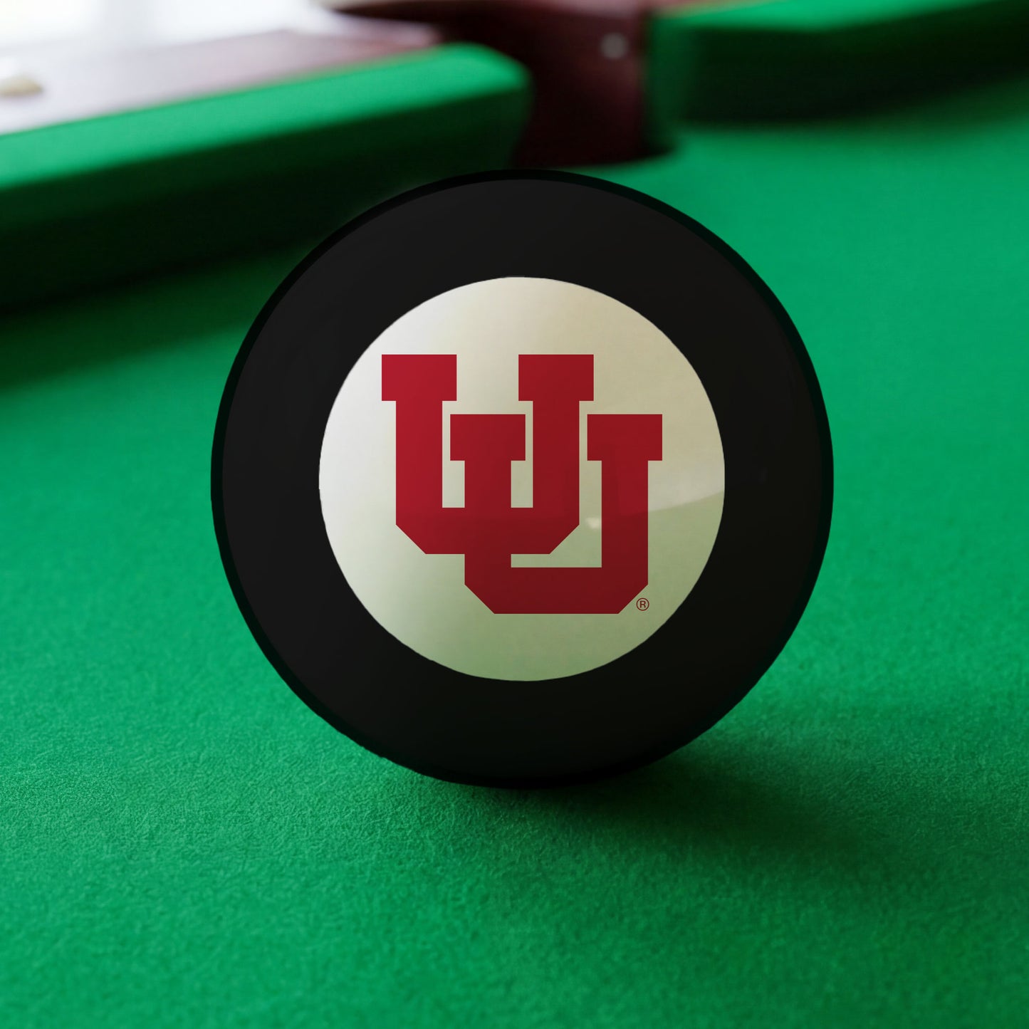 Official Utah-Utes-Pool-8-Ball Collegiate 8-Ball Lined Up on Green Felt Pool Table Surface with Billiard Ball Rack