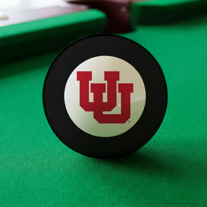 Official Utah-Utes-Pool-8-Ball Collegiate 8-Ball Lined Up on Green Felt Pool Table Surface with Billiard Ball Rack
