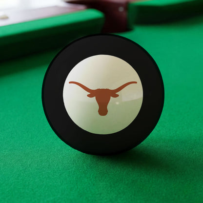 Official Texas-Longhorns-Pool-8-Ball Collegiate 8-Ball Lined Up on Green Felt Pool Table Surface with Billiard Ball Rack