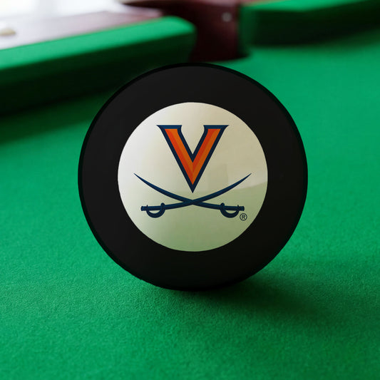 Official Virginia-Cavaliers-Pool-8-Ball Collegiate 8-Ball Lined Up on Green Felt Pool Table Surface with Billiard Ball Rack