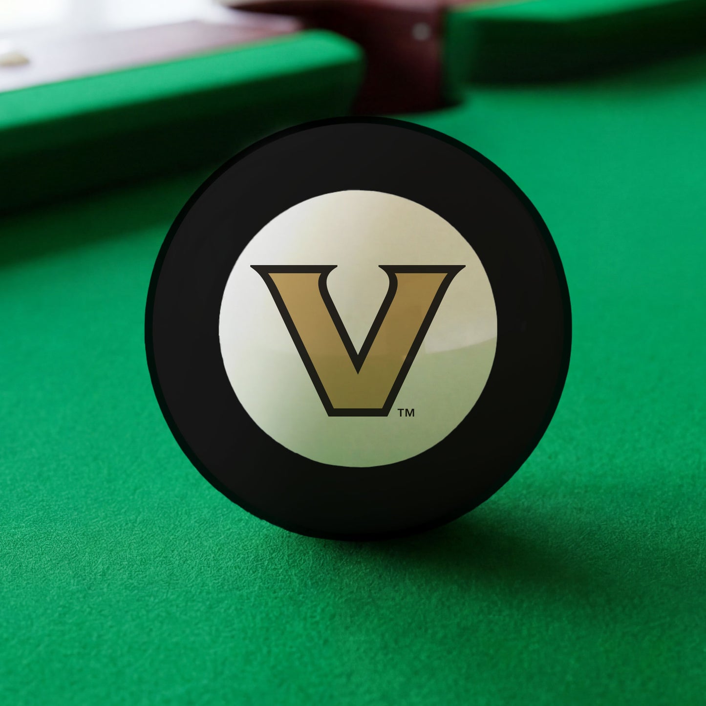 Official Wisconsin-Badgers-Pool-8-Ball Collegiate 8-Ball Lined Up on Green Felt Pool Table Surface with Billiard Ball Rack