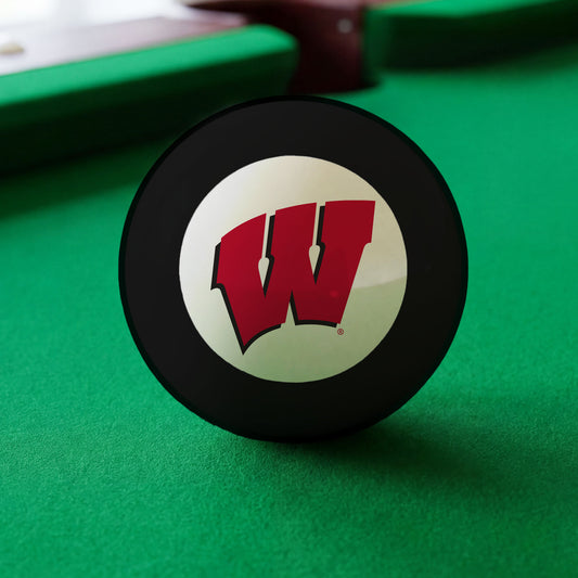 Official Wisconsin-Badgers-Pool-8-Ball Collegiate 8-Ball Lined Up on Green Felt Pool Table Surface with Billiard Ball Rack