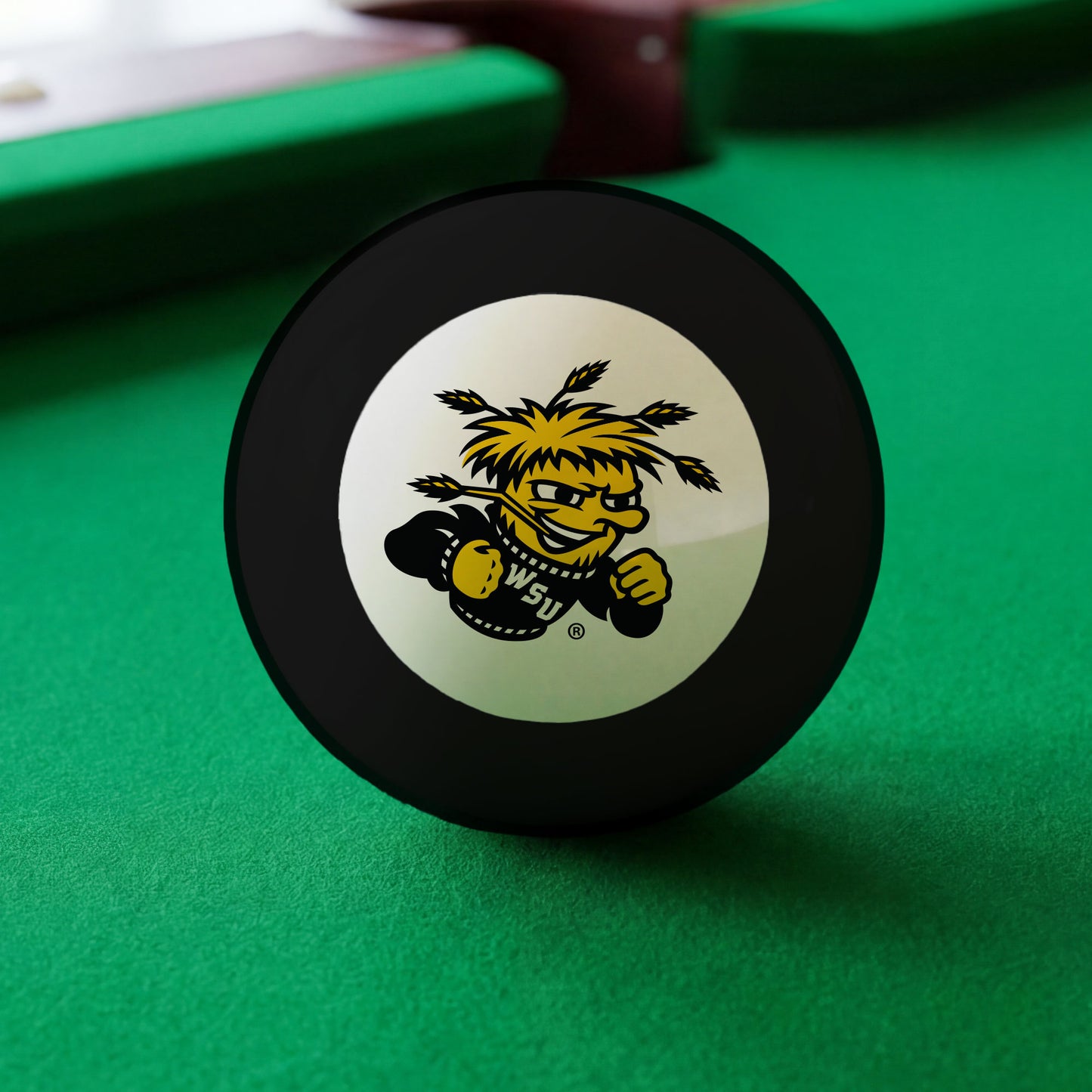 Official Wichita-State-Shockers-Pool-8-Ball Collegiate 8-Ball Lined Up on Green Felt Pool Table Surface with Billiard Ball Rack