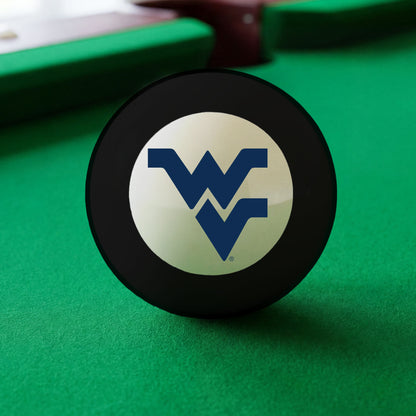 Official West-Virginia-Mountaineers-Pool-8-Ball Collegiate 8-Ball Lined Up on Green Felt Pool Table Surface with Billiard Ball Rack