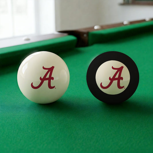 Official Alabama-Crimson-Tide-Pool-Cue-8-Ball-Set College Cue Ball and 8-Ball Set Displayed Together on Green Felt Pool Table Surface