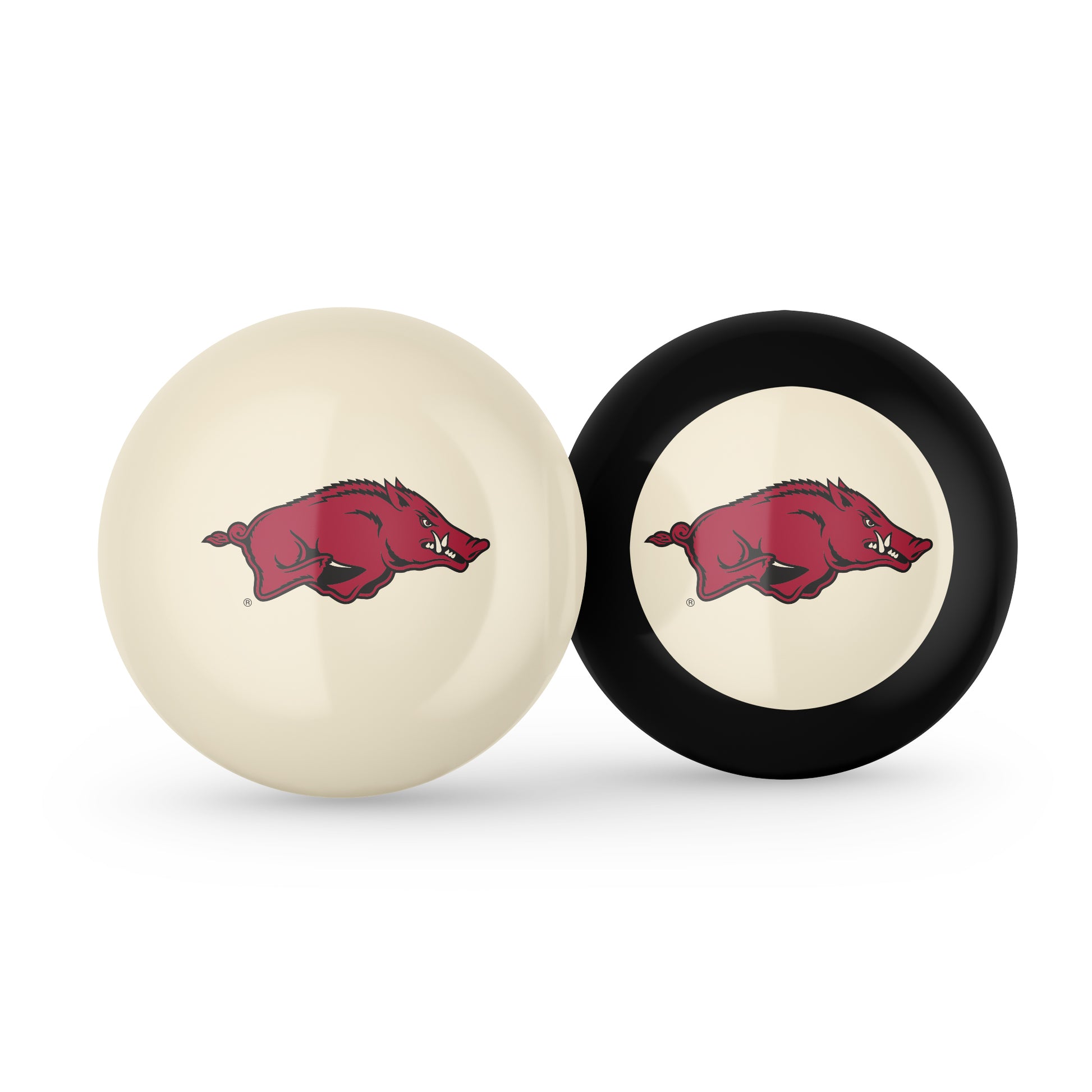 Buy Official Arkansas-Razorbacks-Pool-Cue-8-Ball-Set Regulation Pool Table Cue Ball and 8-Ball Combo Set - Premium Collegiate Billiards Pack Front View
