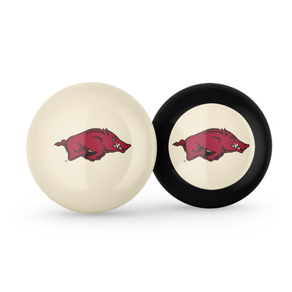 Buy Official Arkansas-Razorbacks-Pool-Cue-8-Ball-Set Regulation Pool Table Cue Ball and 8-Ball Combo Set - Premium Collegiate Billiards Pack Front View