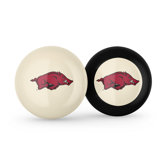 Buy Official Arkansas-Razorbacks-Pool-Cue-8-Ball-Set Regulation Pool Table Cue Ball and 8-Ball Combo Set - Premium Collegiate Billiards Pack Front View