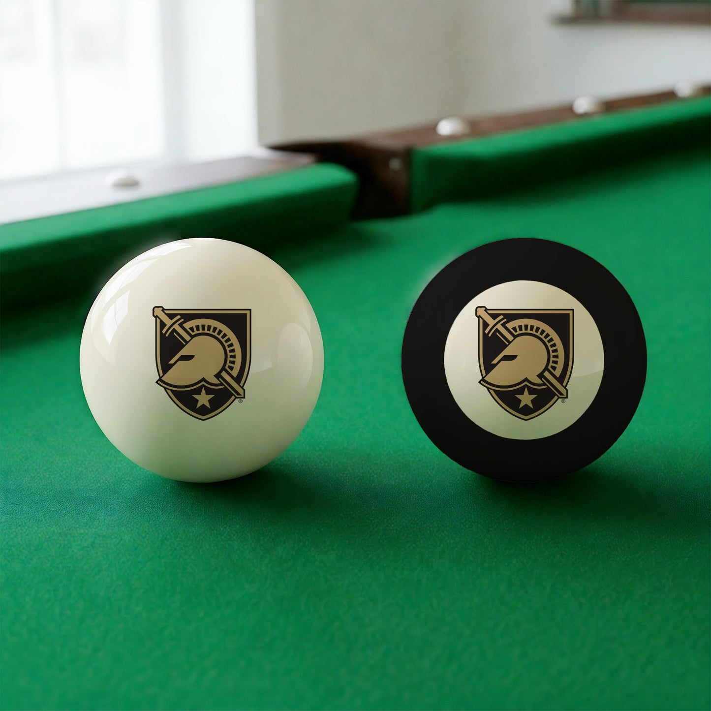 Official Army-Black-Knights-Pool-Cue-8-Ball-Set College Cue Ball and 8-Ball Set Displayed Together on Green Felt Pool Table Surface