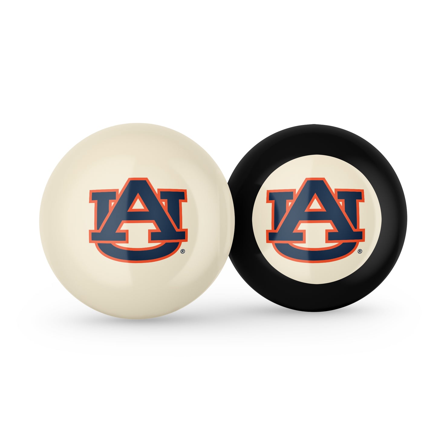 Buy Official Auburn-Tigers-Pool-Cue-8-Ball-Set Regulation Pool Table Cue Ball and 8-Ball Combo Set - Premium Collegiate Billiards Pack Front View