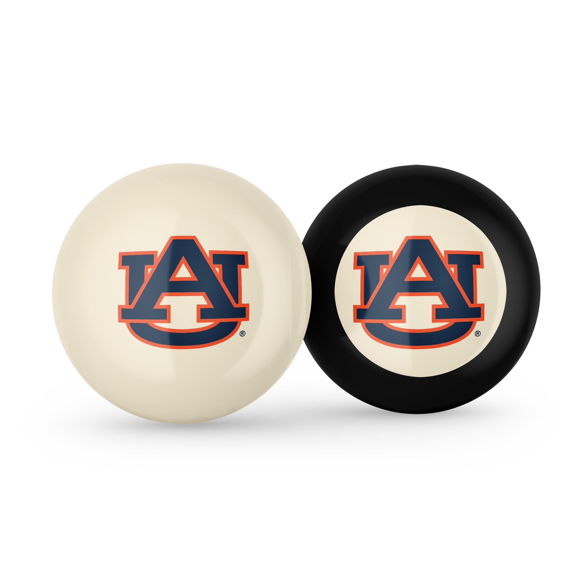 Buy Official Auburn-Tigers-Pool-Cue-8-Ball-Set Regulation Pool Table Cue Ball and 8-Ball Combo Set - Premium Collegiate Billiards Pack Front View