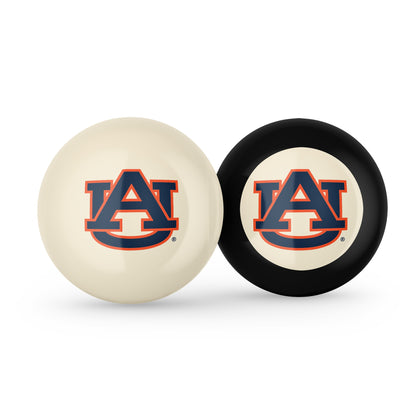 Buy Official Auburn-Tigers-Pool-Cue-8-Ball-Set Regulation Pool Table Cue Ball and 8-Ball Combo Set - Premium Collegiate Billiards Pack Front View