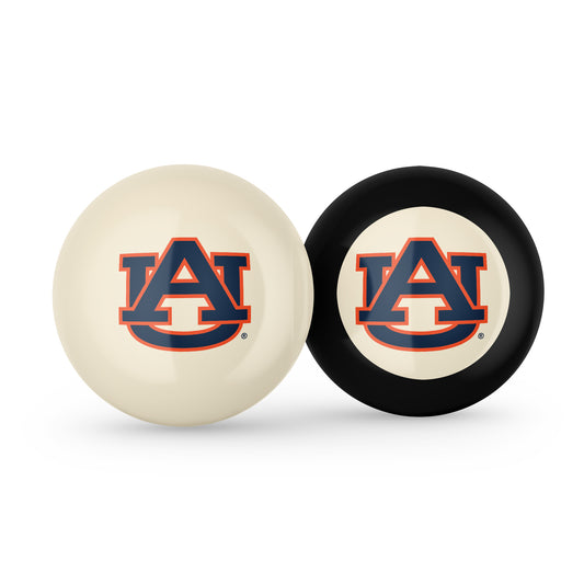 Buy Official Auburn-Tigers-Pool-Cue-8-Ball-Set Regulation Pool Table Cue Ball and 8-Ball Combo Set - Premium Collegiate Billiards Pack Front View