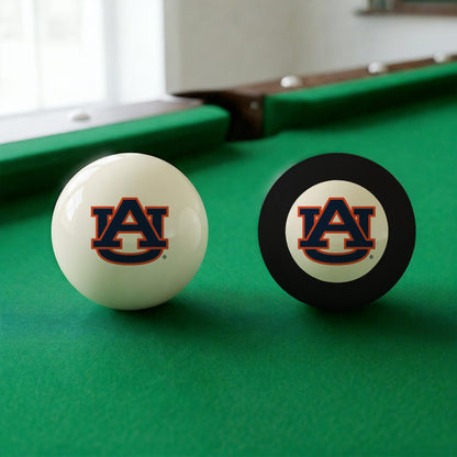 Official Auburn-Tigers-Pool-Cue-8-Ball-Set College Cue Ball and 8-Ball Set Displayed Together on Green Felt Pool Table Surface