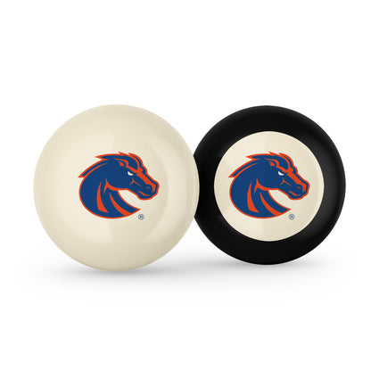 Buy Official Boise-State-Broncos-Pool-Cue-8-Ball-Set Regulation Pool Table Cue Ball and 8-Ball Combo Set - Premium Collegiate Billiards Pack Front View