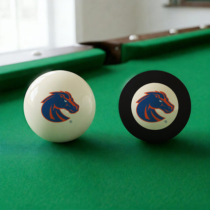 Official Boise-State-Broncos-Pool-Cue-8-Ball-Set College Cue Ball and 8-Ball Set Displayed Together on Green Felt Pool Table Surface