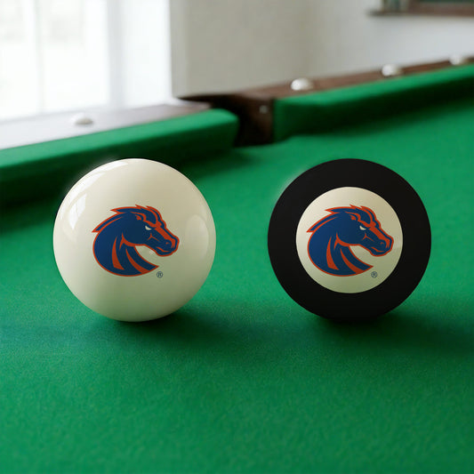 Official Boise-State-Broncos-Pool-Cue-8-Ball-Set College Cue Ball and 8-Ball Set Displayed Together on Green Felt Pool Table Surface