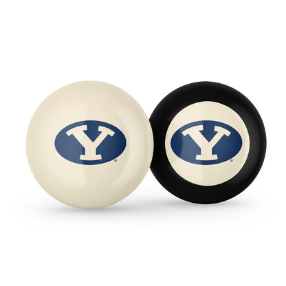 Buy Official Byu-Cougars-Pool-Cue-8-Ball-Set Regulation Pool Table Cue Ball and 8-Ball Combo Set - Premium Collegiate Billiards Pack Front View