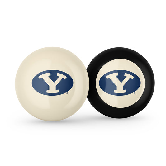 Buy Official Byu-Cougars-Pool-Cue-8-Ball-Set Regulation Pool Table Cue Ball and 8-Ball Combo Set - Premium Collegiate Billiards Pack Front View