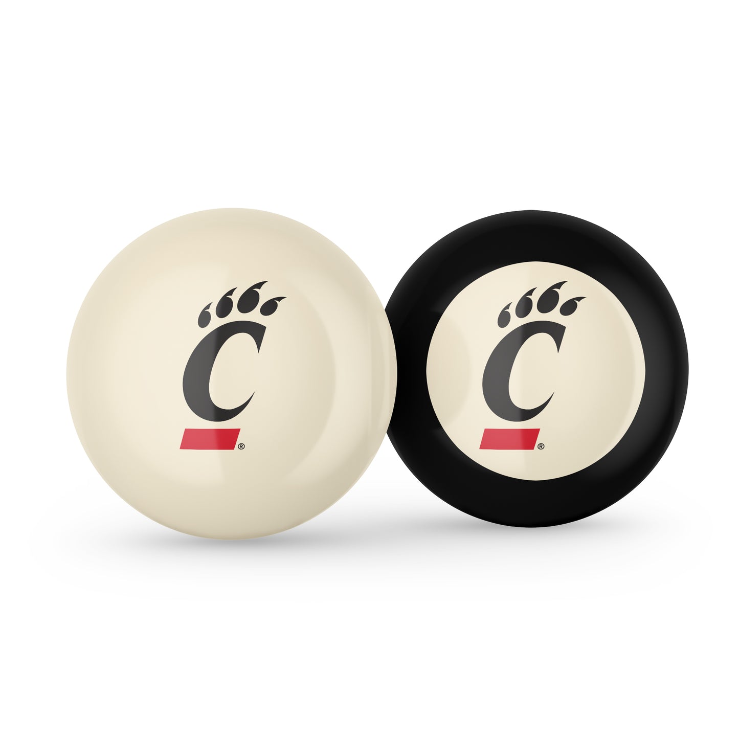 Buy Official Cincinnati-Bearcats-Pool-Cue-8-Ball-Set Regulation Pool Table Cue Ball and 8-Ball Combo Set - Premium Collegiate Billiards Pack Front View