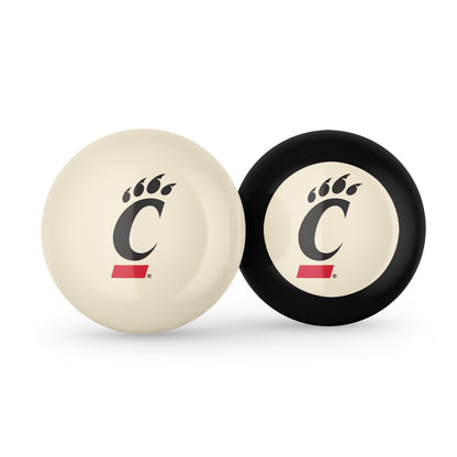 Buy Official Cincinnati-Bearcats-Pool-Cue-8-Ball-Set Regulation Pool Table Cue Ball and 8-Ball Combo Set - Premium Collegiate Billiards Pack Front View