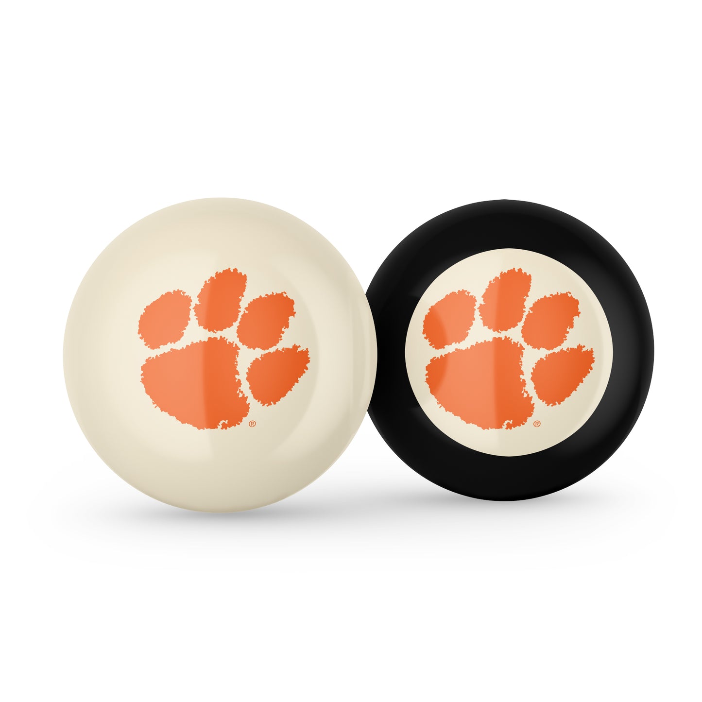 Buy Official Clemson-Tigers-Pool-Cue-8-Ball-Set Regulation Pool Table Cue Ball and 8-Ball Combo Set - Premium Collegiate Billiards Pack Front View