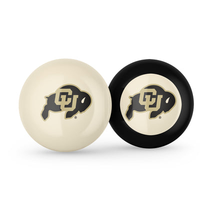 Buy Official Colorado-Buffaloes-Pool-Cue-8-Ball-Set Regulation Pool Table Cue Ball and 8-Ball Combo Set - Premium Collegiate Billiards Pack Front View