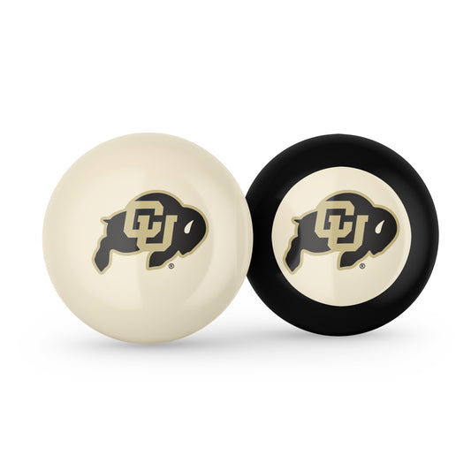 Buy Official Colorado-Buffaloes-Pool-Cue-8-Ball-Set Regulation Pool Table Cue Ball and 8-Ball Combo Set - Premium Collegiate Billiards Pack Front View