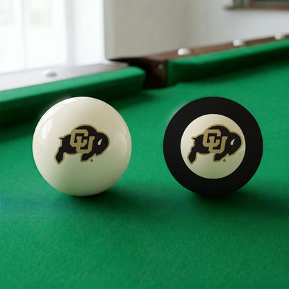 Official Colorado-Buffaloes-Pool-Cue-8-Ball-Set College Cue Ball and 8-Ball Set Displayed Together on Green Felt Pool Table Surface