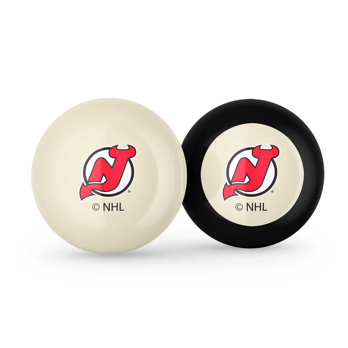 New Jersey Devils NHL cue ball and 8-ball combo set with team logos
