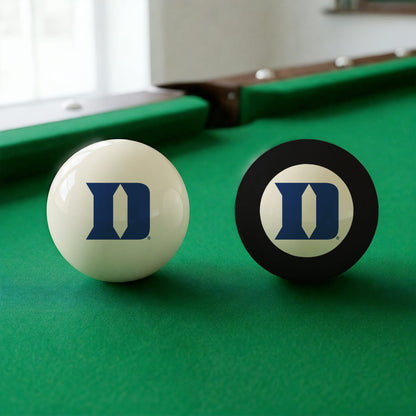 Official Duke-Blue-Devils-Pool-Cue-8-Ball-Set College Cue Ball and 8-Ball Set Displayed Together on Green Felt Pool Table Surface