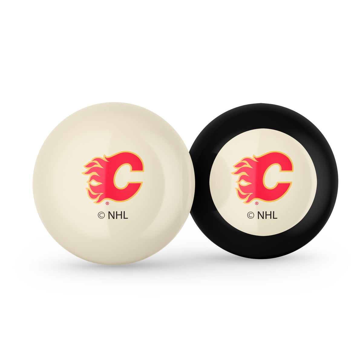 Calgary Flames NHL cue ball and 8-ball combo set with team logos