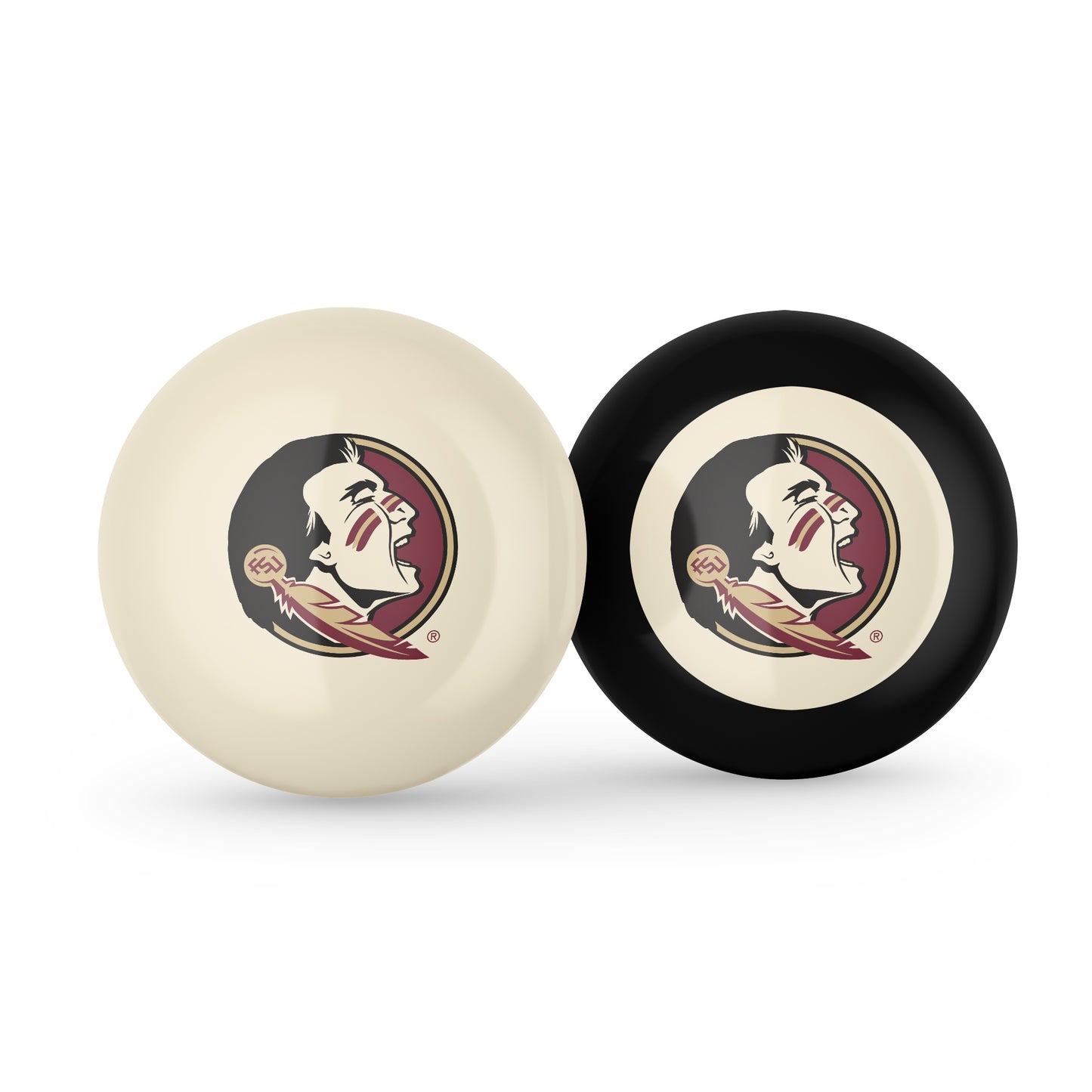 Buy Official Florida-State-Seminoles-Pool-Cue-8-Ball-Set Regulation Pool Table Cue Ball and 8-Ball Combo Set - Premium Collegiate Billiards Pack Front View