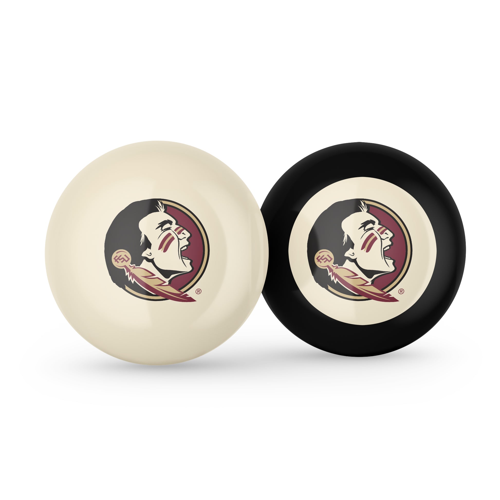 Buy Official Florida-State-Seminoles-Pool-Cue-8-Ball-Set Regulation Pool Table Cue Ball and 8-Ball Combo Set - Premium Collegiate Billiards Pack Front View