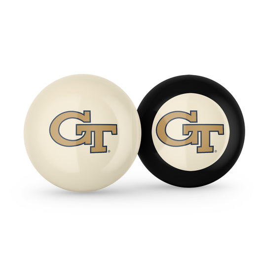 Buy Official Georgia-Tech-Yellow-Jackets-Pool-Cue-8-Ball-Set Regulation Pool Table Cue Ball and 8-Ball Combo Set - Premium Collegiate Billiards Pack Front View