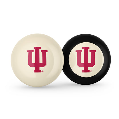 Buy Official Indiana-Hoosiers-Pool-Cue-8-Ball-Set Regulation Pool Table Cue Ball and 8-Ball Combo Set - Premium Collegiate Billiards Pack Front View