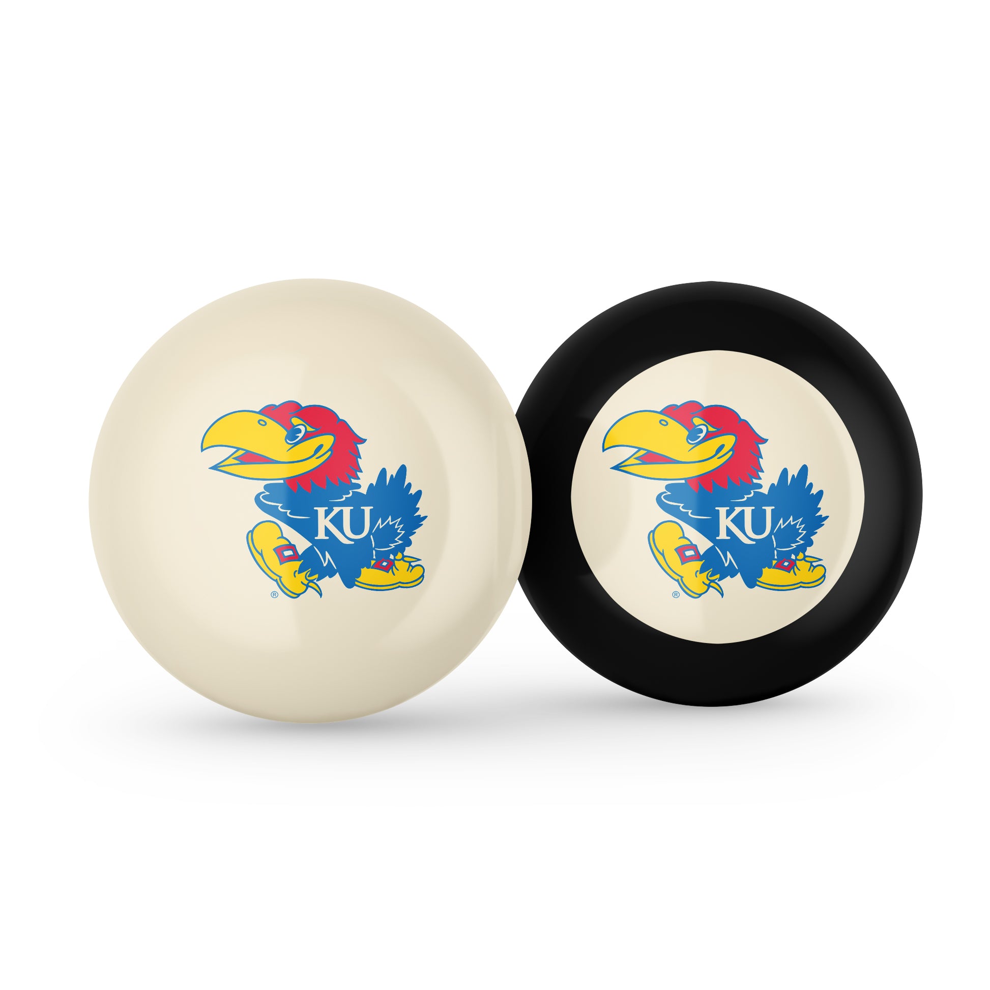 Buy Official Kansas-Jayhawks-Pool-Cue-8-Ball-Set Regulation Pool Table Cue Ball and 8-Ball Combo Set - Premium Collegiate Billiards Pack Front View